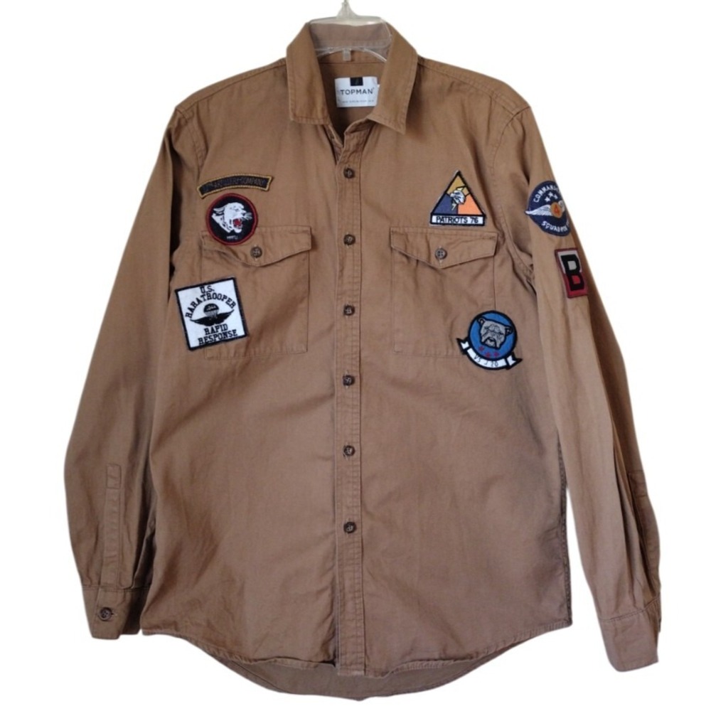TOPMAN Button Up Shirt Man M Brown Casual Patches Pockets Vacation Long Sleeves